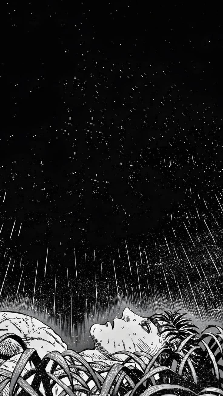 Berserk manga panel: Guts lying on his back in tall grass, face turned up to a night sky of falling rain